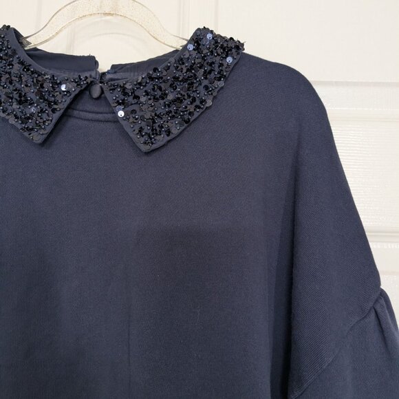 J Crew Crystal Embellished Collar Sweatshirt Womens Size Large Navy Blue Holiday - Picture 2 of 9